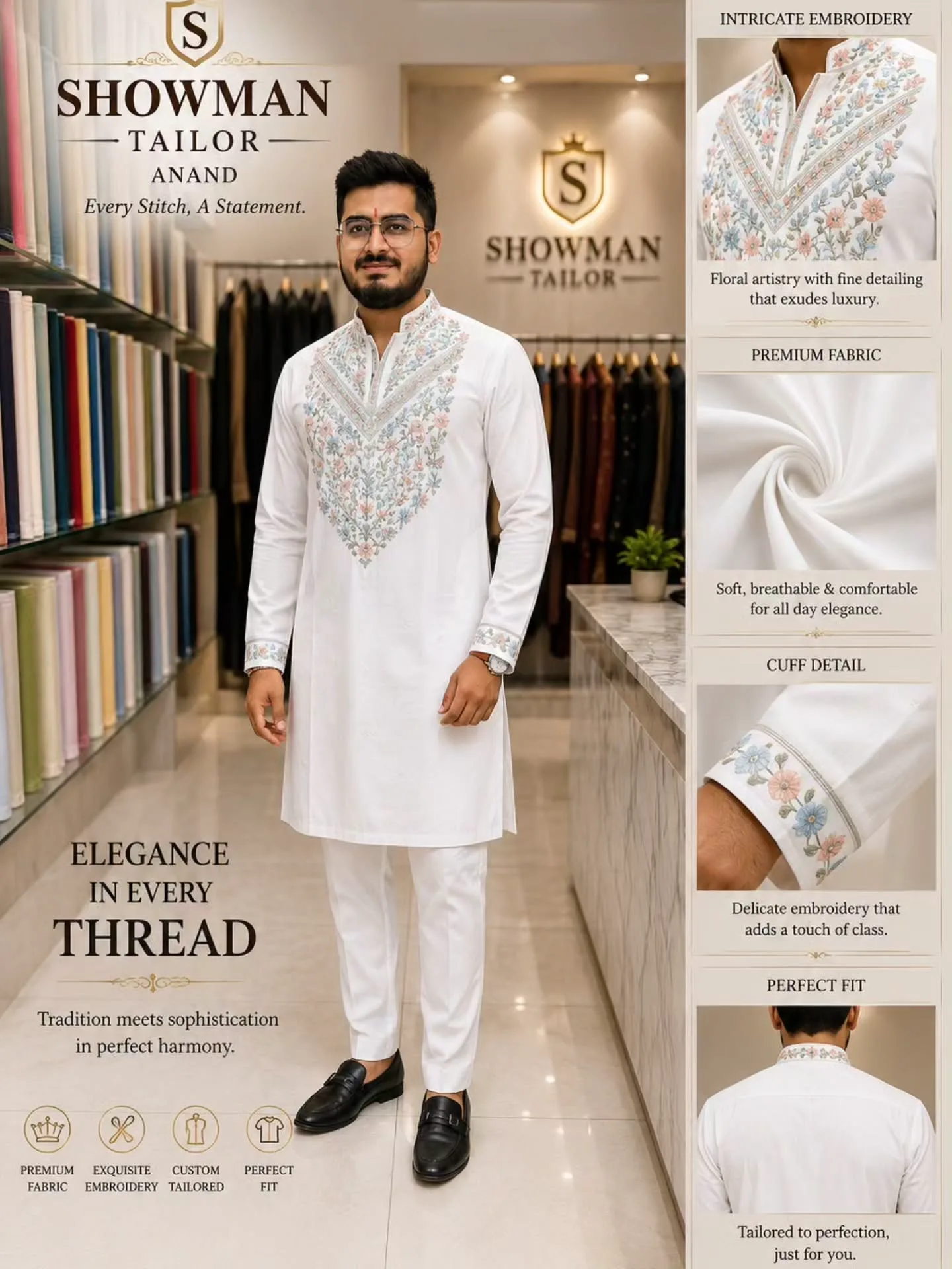Pure White Kurta with Hand-Embroidery